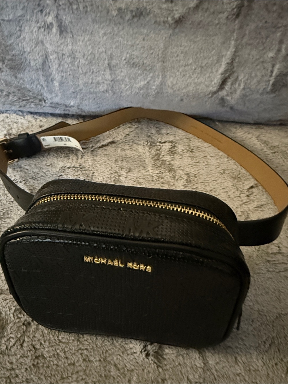 Michael Kors Black Logo-Embossed Leather Belt Bag with Gold Hardware